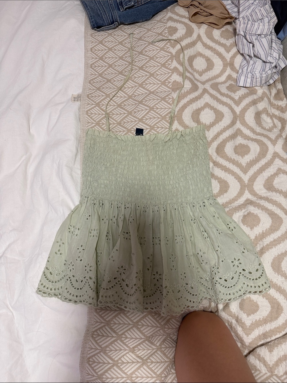 Smocked Eyelet Ruffle Cami Top - Light Sage